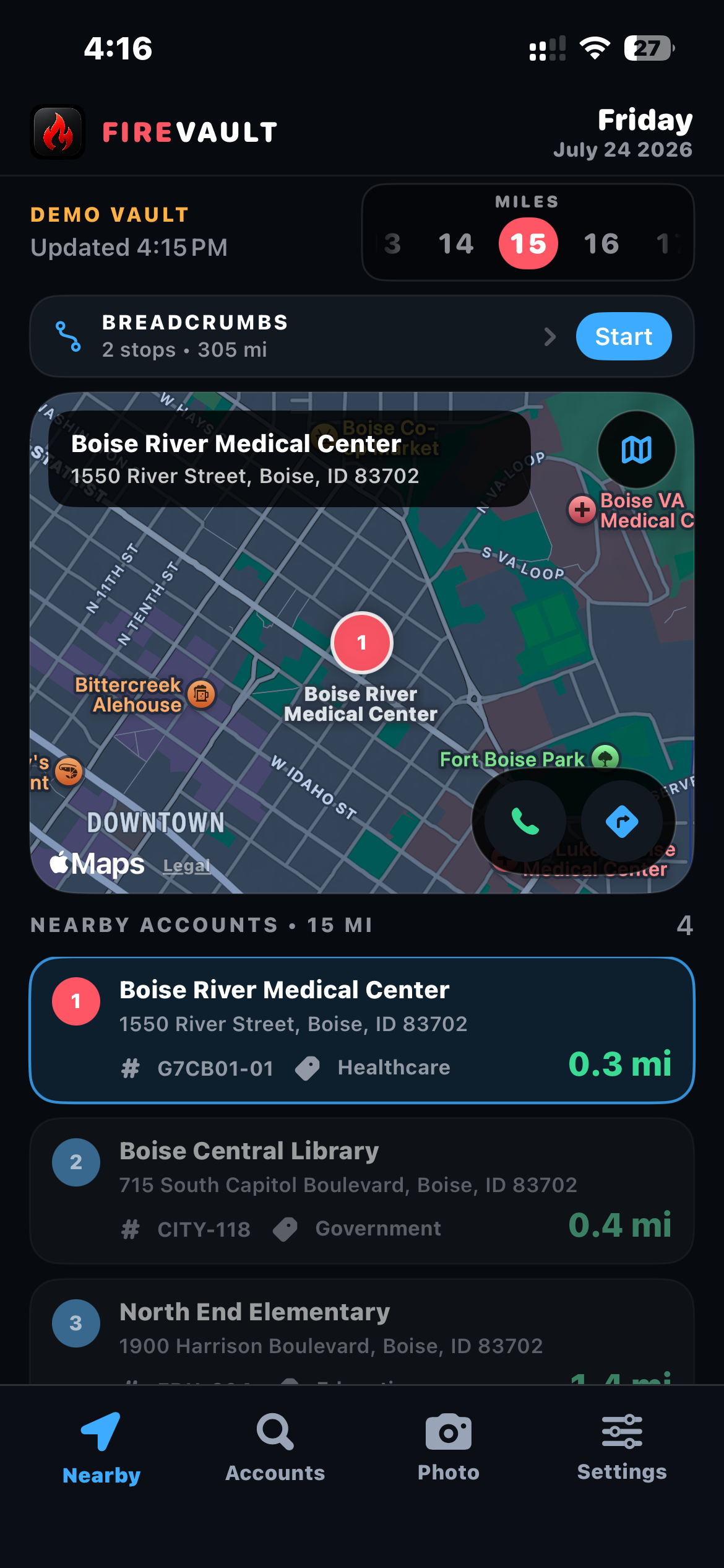 FireVault Nearby Accounts screen showing verified field locations