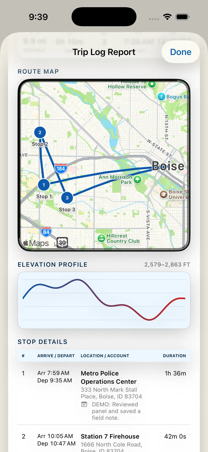 FireVault Pro trip log report